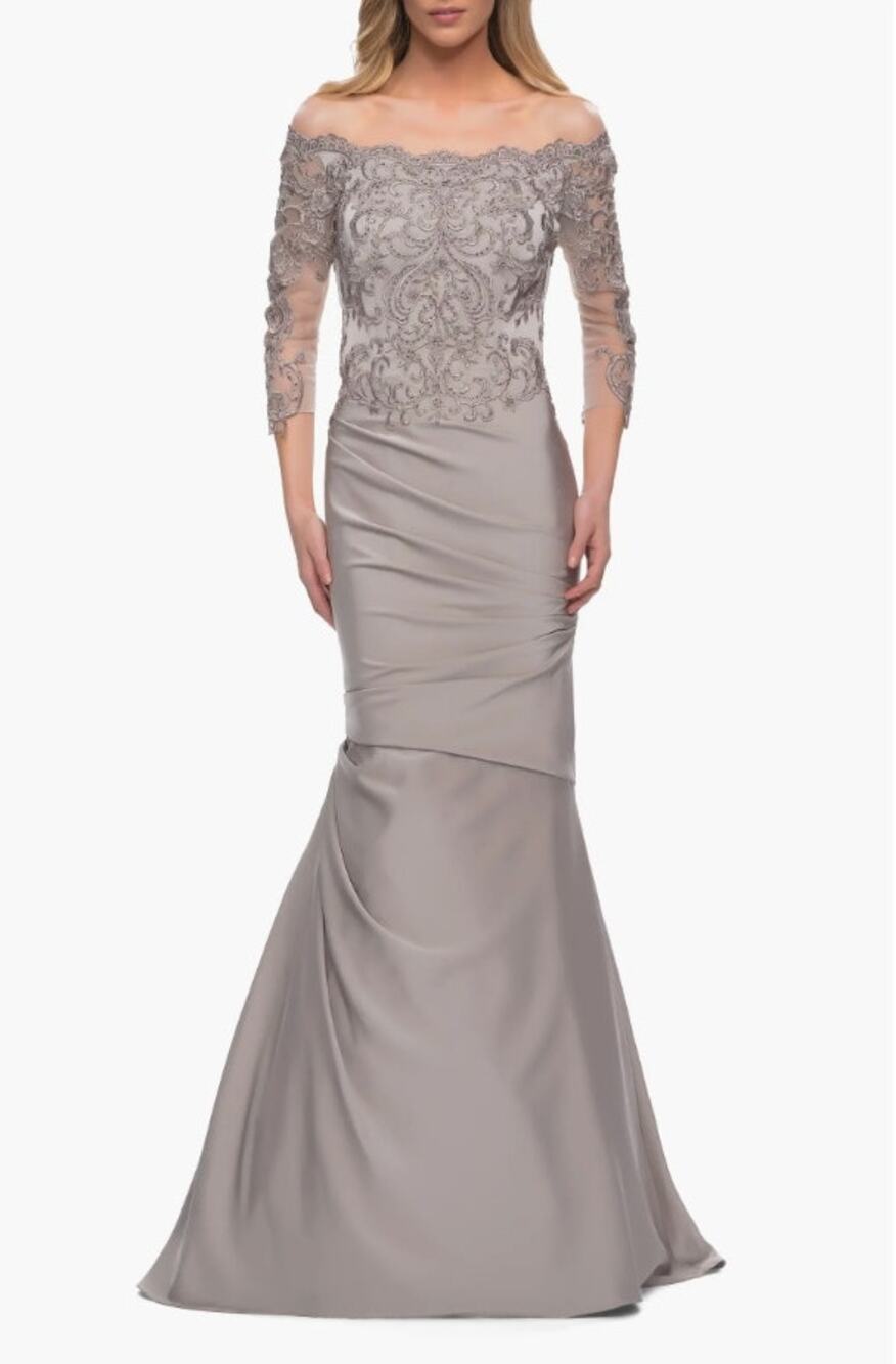La Femme Satin Mermaid Gown Off the Shoulder Lace Bodice Silver Size 8 NWT 29324